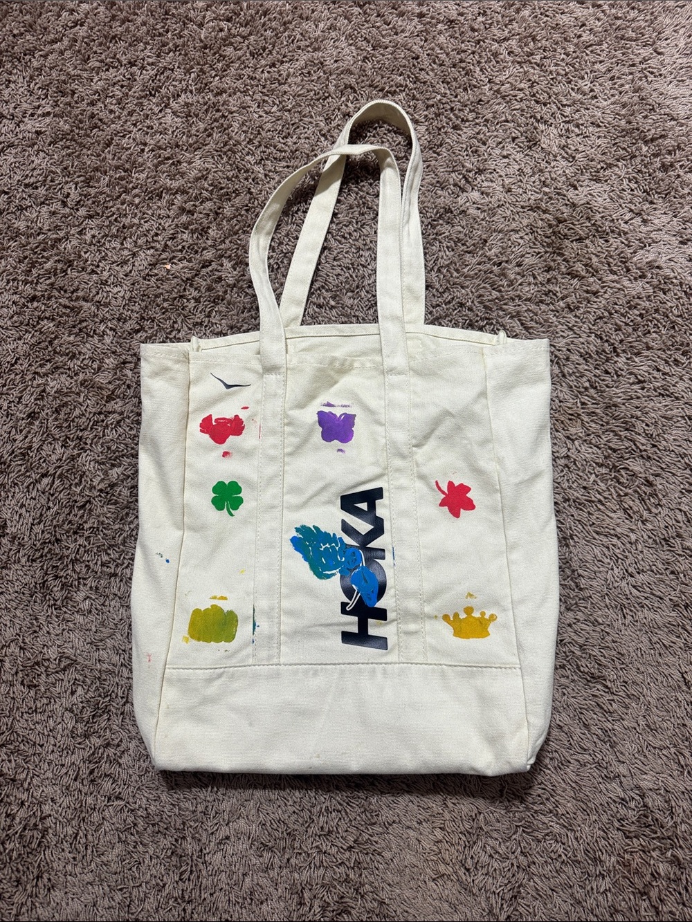 Hoka White Canvas Tote with Multicolor Prints
